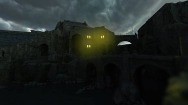Alacakaranlıkta karanlık bulutlu bir gökyüzünün altında aydınlık pencereleri olan antik bir kale. 3 Boyutlu Hazırlama.