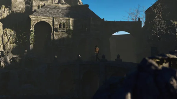 Чоловік Худі Ходить Мосту Стародавнього Туманного Замку Вирощеного Плющем Візуалізація — стокове фото