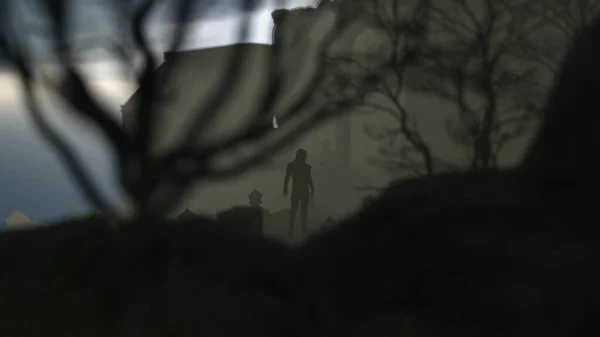 Man Hoodie Walks Bridge Ancient Castle Dusk Render — Stock Photo, Image