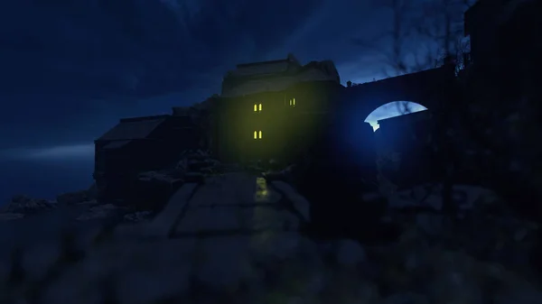 黄昏时分 古堡在乌云笼罩的天空下 有明亮的窗户 3D渲染 — 图库照片