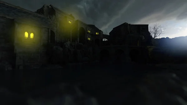 黄昏时分 古堡在乌云笼罩的天空下 窗光闪闪 3D渲染 — 图库照片
