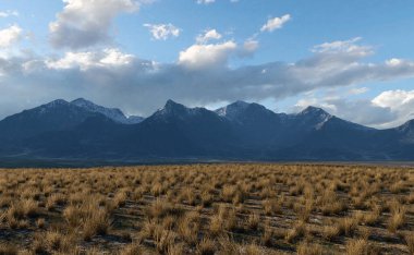 Mavi bulutlu gökyüzünün altında ufukta dağlar olan otlaklar. 3 Boyutlu Hazırlama.