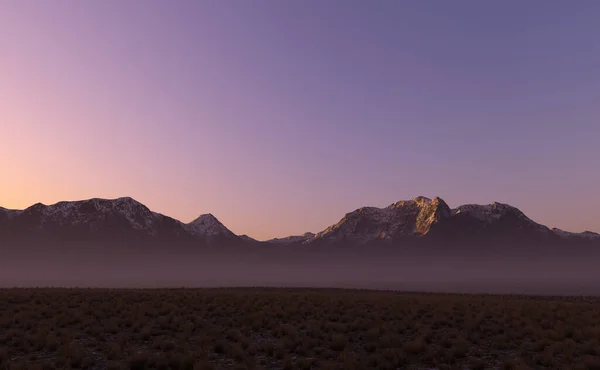 Llanura Pastizales Con Montañas Horizonte Una Puesta Sol Brumosa Renderizado —  Fotos de Stock