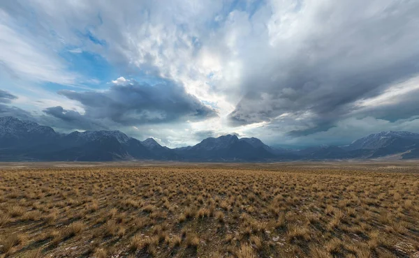 Planície Pastagem Com Montanhas Horizonte Sob Céu Azul Nublado Renderização — Fotografia de Stock