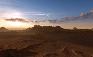 Gün doğumunda kaya oluşumları ve kumla kaplı bir manzara. 3 Boyutlu Hazırlama.