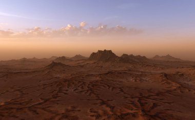 Gün doğumunda kaya oluşumları ve kumla kaplı bir manzara. 3 Boyutlu Hazırlama.