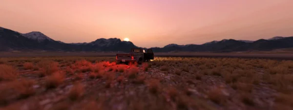 Pickup Truck Left Vast Plain Dry Grass Mountains Horizon Sunset — Stock Photo, Image