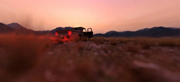 Náklaďák Odjel Rozlehlou Pláň Suchou Trávou Horami Obzoru Při Západu — Stock fotografie