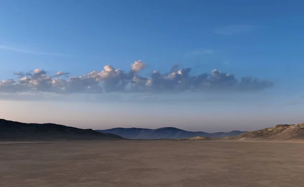 Vasta Llanura Seca Desierto Con Montañas Horizonte Atardecer Renderizado —  Fotos de Stock