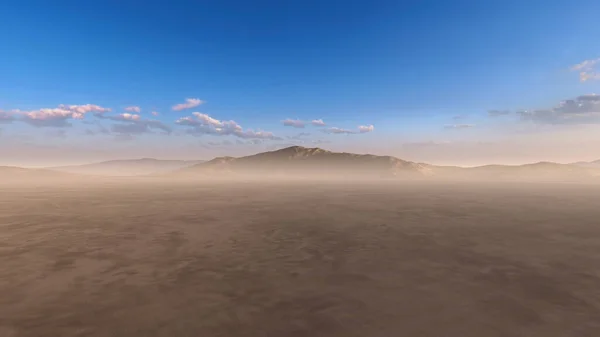 Суха Рівнина Пустелі Горами Горизонті Заході Сонця Візуалізація — стокове фото