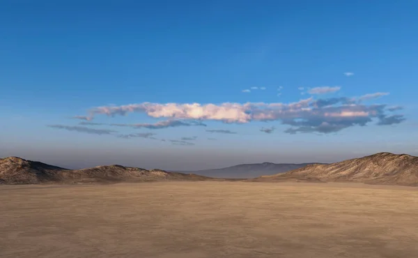 日没の地平線に山々と砂漠の広大な乾燥平野 3Dレンダリング — ストック写真