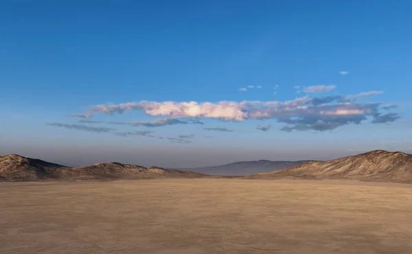 Vast dry plain in desert with mountains on the horizon at sunset. 3D render.