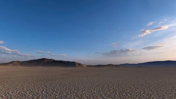 Vasta Llanura Seca Desierto Con Montañas Horizonte Atardecer Renderizado — Foto de Stock