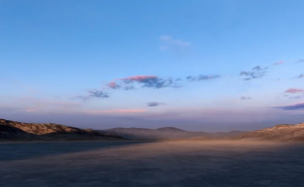 Vasta Llanura Seca Desierto Con Montañas Horizonte Atardecer Renderizado —  Fotos de Stock