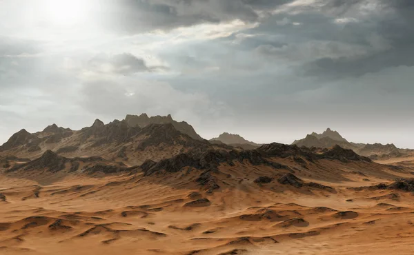 Krajina Skalními Útvary Pískem Pod Zataženou Oblohou Vykreslení — Stock fotografie