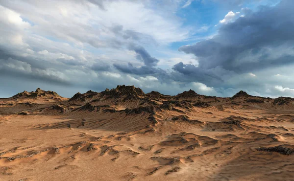 Landskap Med Klippformationer Och Sand Blå Molnig Himmel Återgivning — Stockfoto