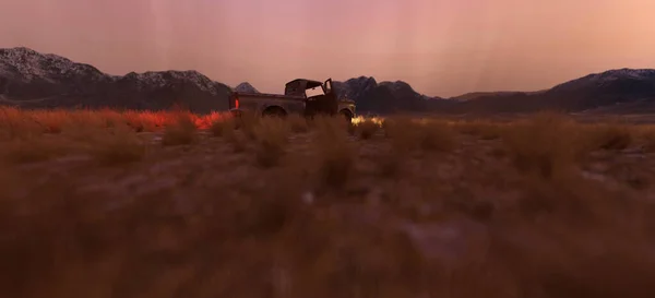 Camionnette Avec Des Lumières Éclairées Dresse Dans Une Vaste Plaine — Photo