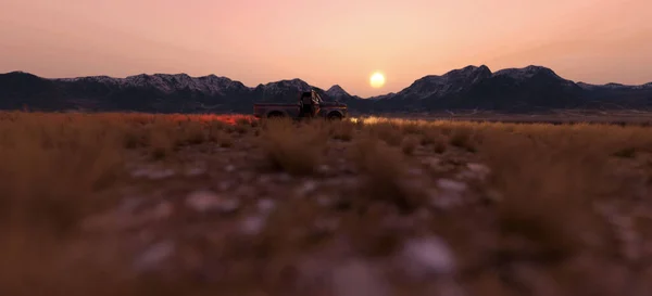 Pickup Truck Met Verlichte Lichten Staat Een Uitgestrekte Grasvlakte Een — Stockfoto