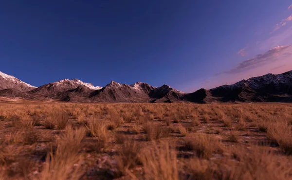 Prärie Mit Weiten Grasebenen Und Bergen Horizont Bei Sonnenuntergang Renderer — Stockfoto