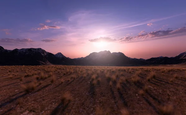 Pradaria Com Vasta Planície Grama Montanhas Horizonte Pôr Sol Renderização — Fotografia de Stock