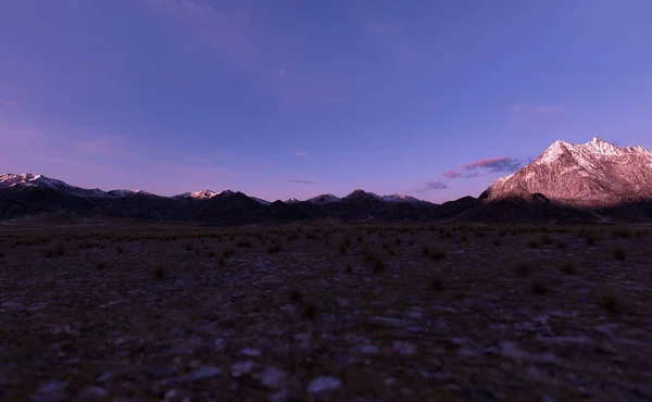 Pradaria Com Vasta Planície Grama Montanhas Horizonte Pôr Sol Renderização — Fotografia de Stock