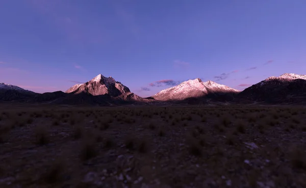Preria Rozległą Równiną Trawy Górami Horyzoncie Zachodzie Słońca Renderowanie — Zdjęcie stockowe