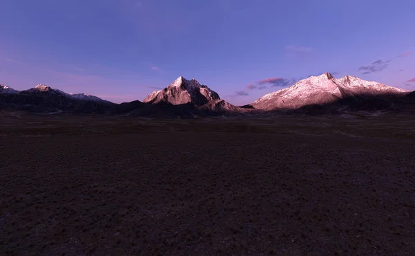 Pradera Con Vasta Llanura Hierba Montañas Horizonte Atardecer Renderizado —  Fotos de Stock