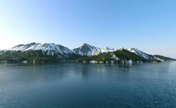 Jezero Zasněženými Horami Jedlemi Při Východu Slunce Pod Modrou Oblohou — Stock fotografie