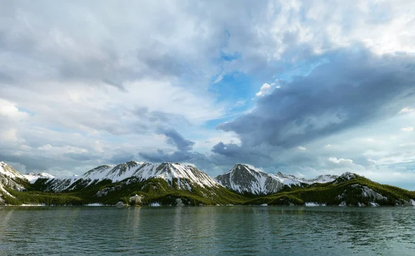 Lake Snowy Mountains Fir Trees Cloudy Sky Render — Stock Photo, Image