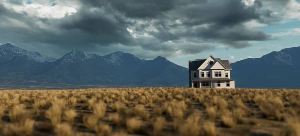 Victorian House Vast Plain Barren Grass Sunny Valley Cloudy Sky — ストック写真