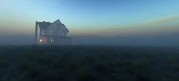 Old Victorian House Grass Plain Misty Valley Sunrise Render — 图库照片