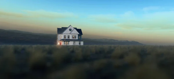 Old Victorian House Grass Plain Misty Valley Sunrise Render — Zdjęcie stockowe