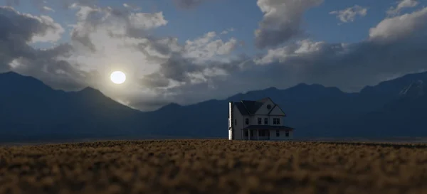 Victorian House Vast Plain Barren Grass Sunny Valley Cloudy Sky — Zdjęcie stockowe