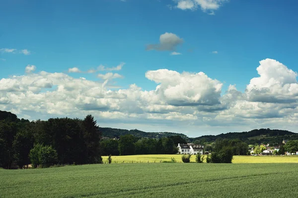 Houses Rolling Lush Landscape Countryside Blue Cloudy Sky Sunny Summers — Φωτογραφία Αρχείου