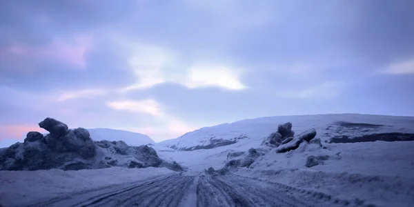 Road Tire Tracks Winter Snow Landscape Sunrise Render — 스톡 사진