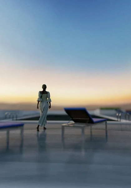 Woman White Dress Pool Sunset Render —  Fotos de Stock