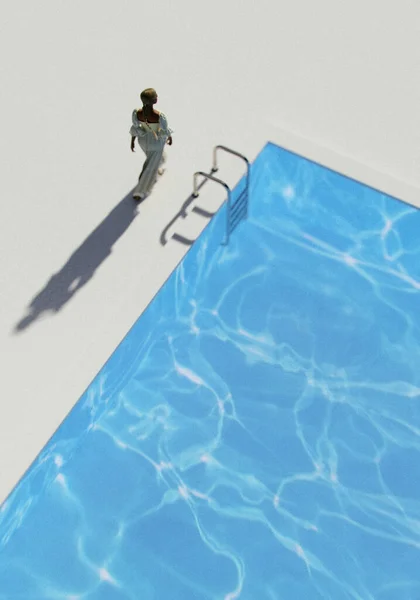 Woman Pool Sunny Day Aerial View Render — Stockfoto