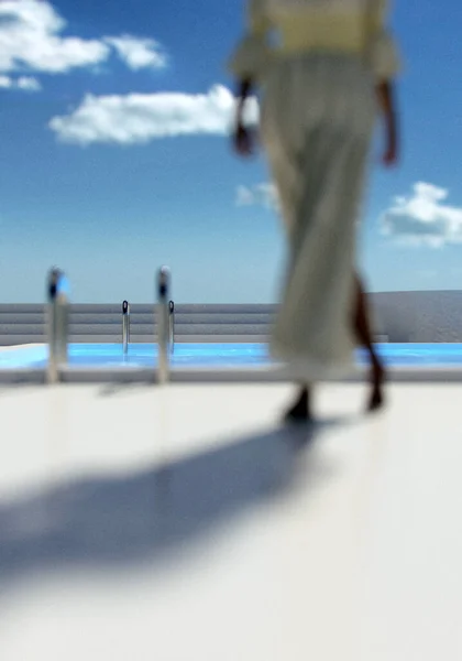 Woman White Dress Walks Pool Sunny Day Render — ストック写真