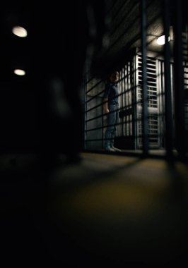 Prison guard walks towards prisoner who is behind bars. 3D render.