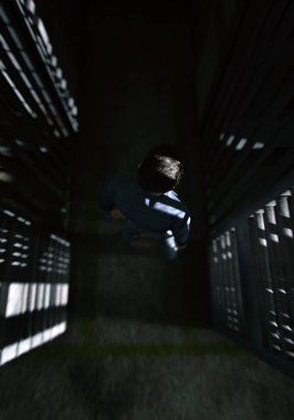 Prisoner in dark cell block. Aerial view. 3D render.