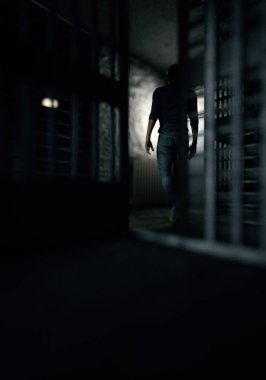 Prisoner walks out of his cell in dark cell block. 3D render.