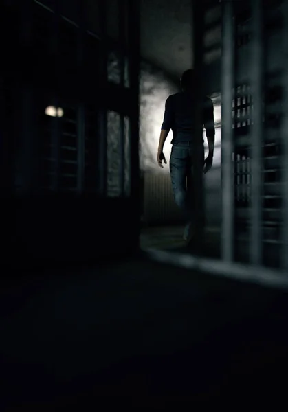 Prisoner Walks Out His Cell Dark Cell Block Render — Stock Photo, Image