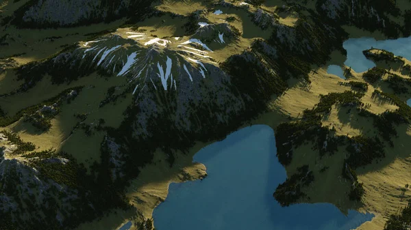 Mountains Pine Trees Grass Some Snow Mountain Lakes Aerial View — Φωτογραφία Αρχείου