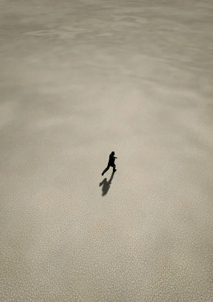 Чоловік Чорному Костюмі Біжить Пустелі Вид Повітря Візуалізація — стокове фото