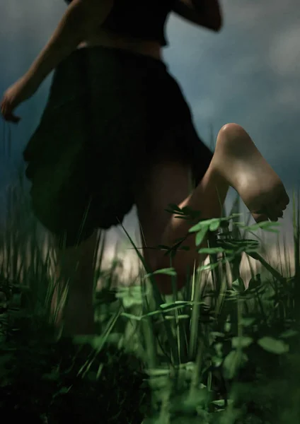 Woman in black skirt and shirt runs barefeet through a field with tall grass under a dark cloudy sky. 3D render.