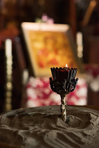 Burning Candlelight Interior Old Christian Monastery — Stock Photo, Image