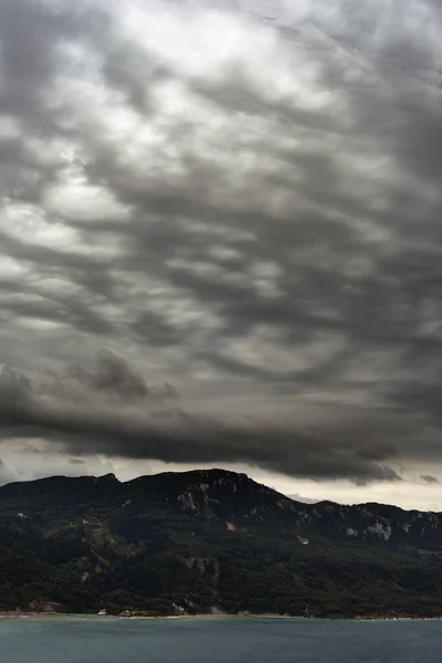 Mountains Coast Forest Slope Dark Cloudy Sky — Stock Photo, Image