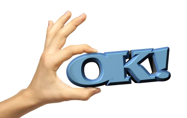 Main montre OK signe isolé sur un fond blanc et tenir le texte 3D — Photo