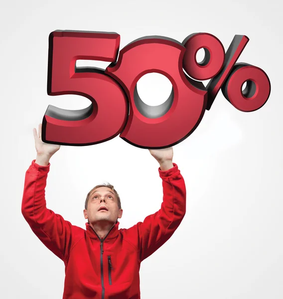 Nagy eladó. csodálkoztak ember tartja a 3D-s lemez. piros 3d 50 százalékos. — Stock Fotó