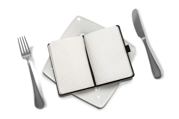Hryzavý věda. notebook na talíři izolovat na bílém pozadí. — Stock fotografie